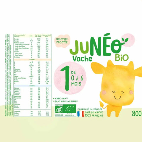 Lait infantile 1er âge Juneo, lait de vache pour bébés de 0 à 6 mois, boîte de 800g.