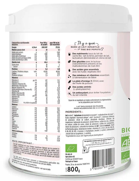 Lait bio 1er âge Popote pour nourrissons de 0 à 6 mois, 400g, contenant une boîte de lait infantile naturel.