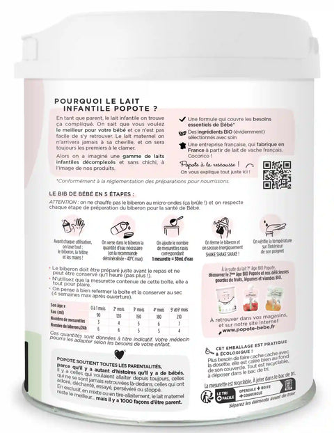 Lait bio 1er âge pour bébé de 0 à 6 mois, 400g, marque Popote, emballage avec biberon et logo.