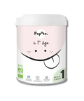 Lait infantile 1er âge bio Popote, boîte de 400g pour nourrissons de 0 à 6 mois, avec un biberon et une cuillère à côté.