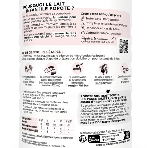 Lait infantile bio 1er âge Popote pour bébés de 0 à 6 mois, 400g, contenant du lait pour nourrissons bio.