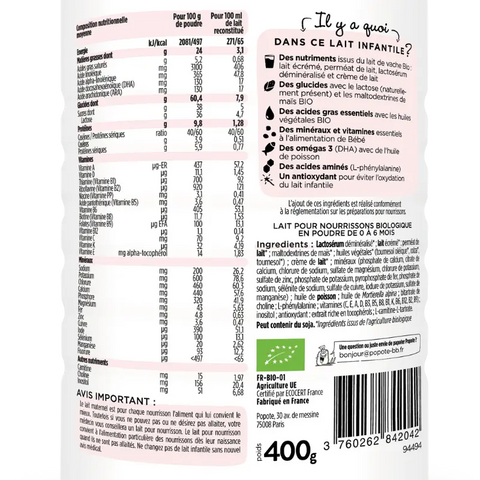 Lait infantile bio 1er âge Popote pour bébés de 0 à 6 mois, boîte de 400g, contenant du lait pour nourrissons de qualité biologique.