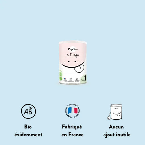 Lait infantile bio 1er âge Popote pour bébés de 0 à 6 mois, emballage de 400g avec boîte.