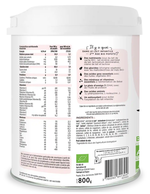 Lait infantile bio 2e âge Popote, lait pour bébé dès 6 mois, bouteille de 800g, contenant du lait pour nourrissons.