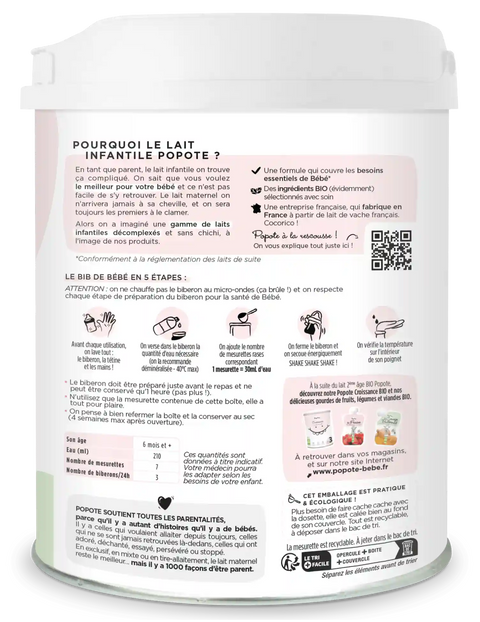 Lait infantile bio 2ème âge Popote, lait pour bébé dès 6 mois, en poudre dans un paquet de 800g.