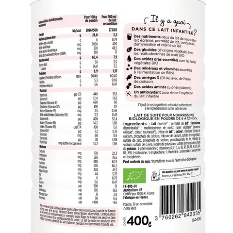 Lait 2e âge bio Popote pour bébé dès 6 mois, boîte de 400 g, avec un biberon devant le produit.