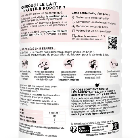 Lait 2ème âge bio Popote pour bébés dès 6 mois, boîte de 400g, image montrant le packaging du lait infantile biologique