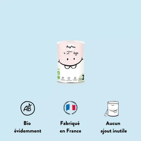Lait infantile bio 2ème âge Popote dès 6 mois, 400g, bouteille avec étiquette visible, pour nourrissons à partir de 6 mois