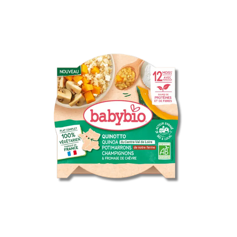 Quinotto végétarien Babybio avec quinoa, potimarron vert, champignons et fromage de chèvre, présenté en pot de 230g.