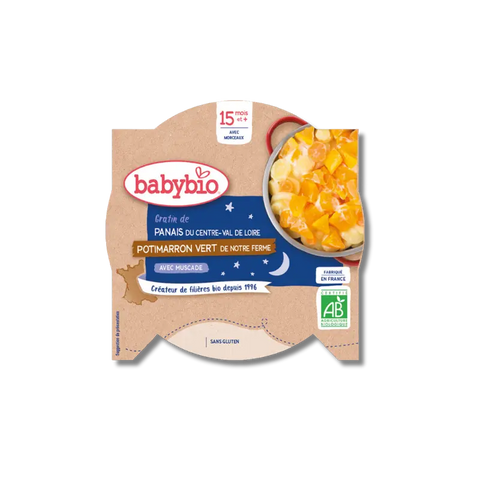 Repas du soir Babybio avec panais du Centre-Val de Loire et potimarron vert, 260g, pour bébé, image de plat prêt à servir.