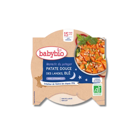 Repas du soir pour bébé Babybio, patate douce et blé, 15 mois, 260g, assiette avec patate douce et céréales pour bébé