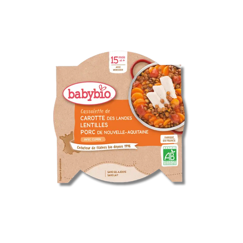 Lentilles et porc de Nouvelle-Aquitaine par Babybio, viande pour bébé, présentation de 260 g dans un bol.