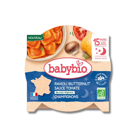 Ravioli Babybio à la butternut, sauce tomate régionale et champignons, emballage de 190g, légume pour bébé.