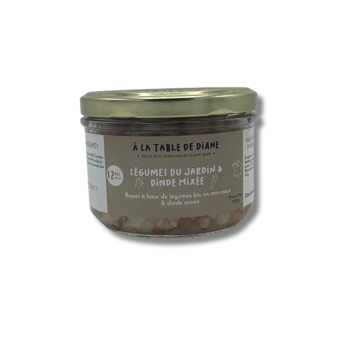 Dinde des Pays de la Loire et légumes du jardin, prêt à cuisiner, dans un emballage de la marque À la table de Diane.