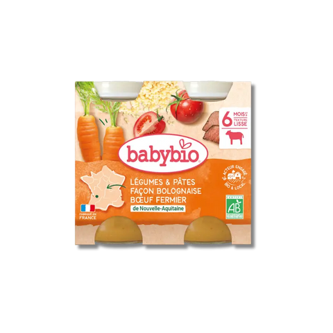 Pâtes façon bolognaise au bœuf fermier Babybio avec légumes, 2x200g, plats pour bébé, aliments bio de Nouvelle-Aquitaine.