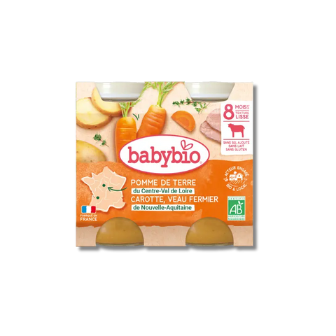 Pomme de terre du Centre-Val de Loire Carotte Veau fermier de Nouvelle-Aquitaine 8 mois 2x200g Babybio - Blossom Care