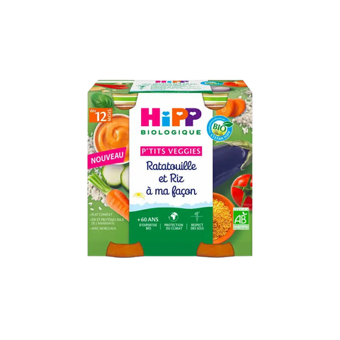 Ratatouille et riz P'tits Veggies Hipp pour bébé, légumes mélangés en boîte de 2x250g, alimentation saine pour 12 mois