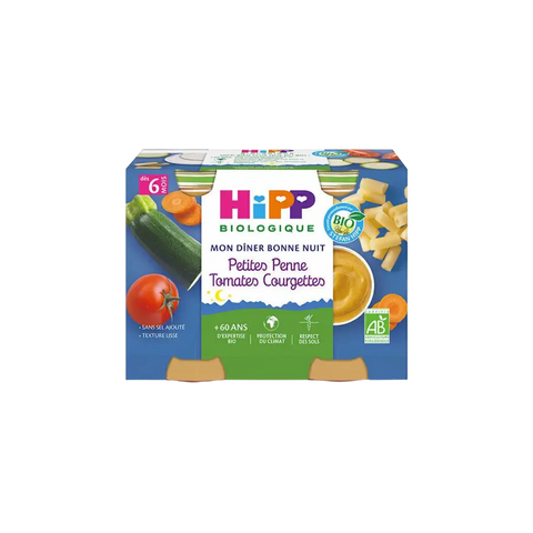 Repas du soir Hipp Mon Dîner Bonne nuit avec petites penne, tomates et courgettes, pour bébé de 6 mois, 2x190g