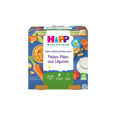 Repas du soir pour bébé Hipp Mon Dîner Bonne Nuit avec petites pâtes aux légumes, 12 mois, 2x250g, image de l'emballage.