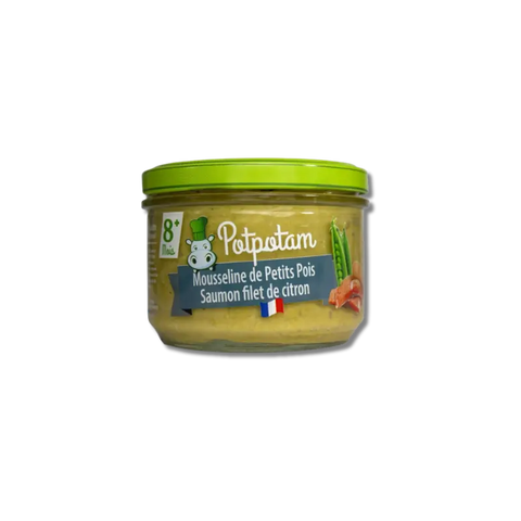 Mousseline Petits Pois Saumon Potpotam pour bébé de 8 mois, 180 g, viande ou poisson, image de la boîte avec poisson et petits pois