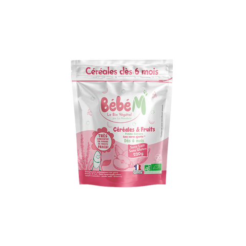 Céréales et fruits pour bébé La Mandorle, 6 mois, 220g, boîtier souple avec céréales et fruits visibles.