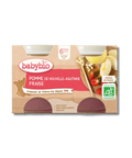 Pomme fraise pour bébé Babybio, dessert et fruits, 2x130g, présentation du produit dans un pot avec étiquette.