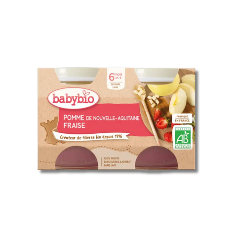 Pomme fraise pour bébé Babybio, dessert et fruits, 2x130g, présentation du produit dans un pot avec étiquette.