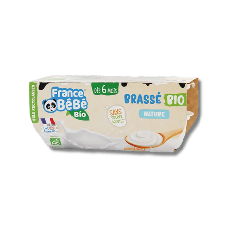 Assiette de Brassé Nature pour bébé de 6 mois, France Bébé, avec fruits frais et texture crémeuse, en pot de 4x100g.