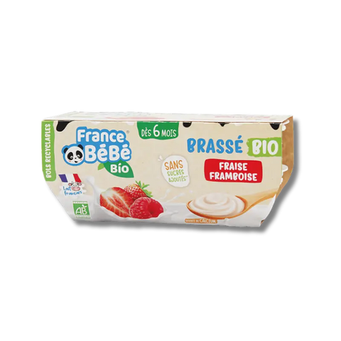 Dessert bébé Brassé Fraise Framboise France Bébé, pot de 100g, fruits frais pour bébé de 6 mois.