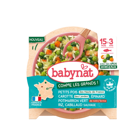 Assiette de petits pois, carottes, épinards, potimarron, riz et cabillaud sauvage pour bébé de 15 mois à 3 ans, 200g Babybio