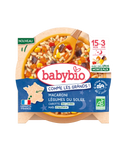 Assiette de repas du soir Babybio Macaroni et légumes du soleil avec carottes et maïs, 200 g pour bébés de 15 mois à 3 ans.