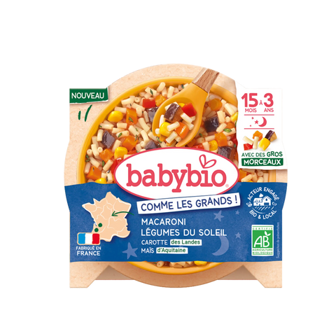 Assiette de repas du soir Babybio Macaroni et légumes du soleil avec carottes et maïs, 200 g pour bébés de 15 mois à 3 ans.
