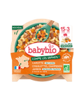 Assiette de carotte, coquillettes, champignons et jambon Babybio pour bébé de 15 à 36 mois, 200g, avec morceaux.