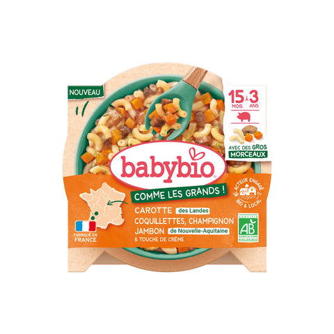 Assiette de carotte, coquillettes, champignons et jambon Babybio pour bébé de 15 à 36 mois, 200g, avec morceaux.