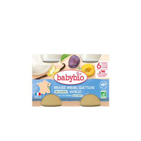 Dessert Brassé Brebis Quetsche Vanille Babybio, 2 pots de 130g, fruits et produits laitiers pour bébé, présentation en pot.
