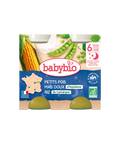 Repas du soir pour bébé Babybio Bonne Nuit aux petits pois, maïs doux et riz de Camargue, 2x200 g, à base d'ingrédients naturels.