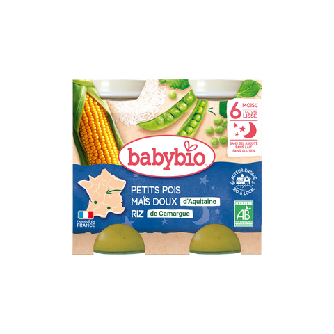 Repas du soir pour bébé Babybio Bonne Nuit aux petits pois, maïs doux et riz de Camargue, 2x200 g, à base d'ingrédients naturels.
