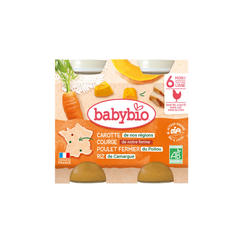 Carotte, courge, poulet fermier du Poitou et riz de Camargue dans un emballage Babybio, aliments pour bébé, 2x200 g