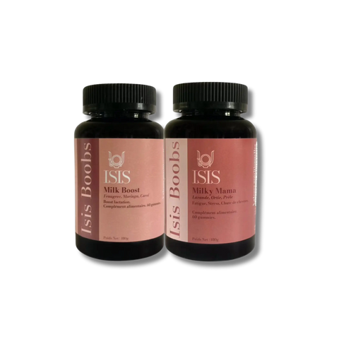 Complément alimentaire DUO ALLAITEMENT Isis Superfood pour l'allaitement, deux sachets de produits naturels pour soutenir la lactation.