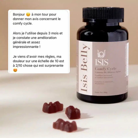 Gummies confort cycle de Isis Superfood, complément alimentaire pour le bien-être menstruel, avec des ingrédients naturels.