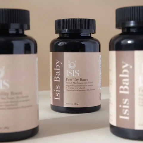 Complément alimentaire Fertility Boost d’Isis Superfood, capsules pour soutenir l'ovulation et la fertilité, vue de la boîte.