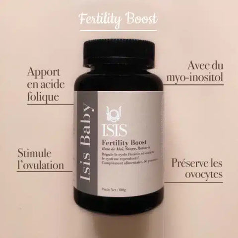 Complément alimentaire Fertility Boost d'Isis Superfood, capsules naturelles pour soutenir l'ovulation et la fertilité.