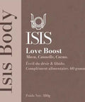Complément alimentaire Love Boost Isis Superfood pour la libido, flacon avec capsules visibles sur fond blanc.