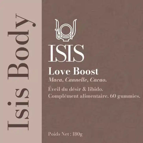 Complément alimentaire Love Boost Isis Superfood pour la libido, flacon avec capsules visibles sur fond blanc.