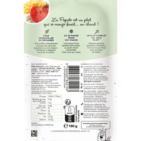 Petit Plat Macaroni Tomate et Féta 6 mois 180g Popote - Blossom Care