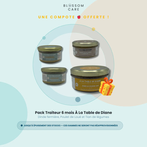 Box repas à la table de Diane, pack traiteur de 6 mois avec aliments préparés, présenté dans une boîte carrée.