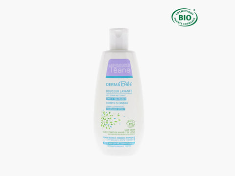 Gel lavant bébé sans savon Laboratoires Téane, 250 ml, dans un flacon transparent avec étiquette bleue et design doux.