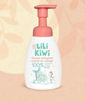 Mousse nettoyante LiliKiwi Action Anti-pollution pour corps et visage de bébé, texture légère et douce pour la peau sensible.