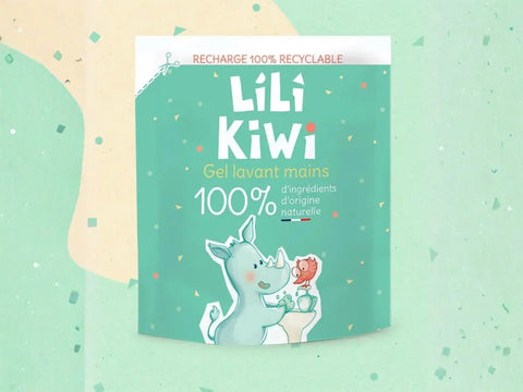 Recharge gel lavant mains LiliKiwi pour bébé, savon doux pour nettoyer les mains avec soin, format recharge pour bain et douche.