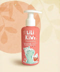 Shampoing doux pour bébé LiliKiwi, sans irritation, avec flacon transparent et étiquette colorée, idéal pour cheveux délicats.